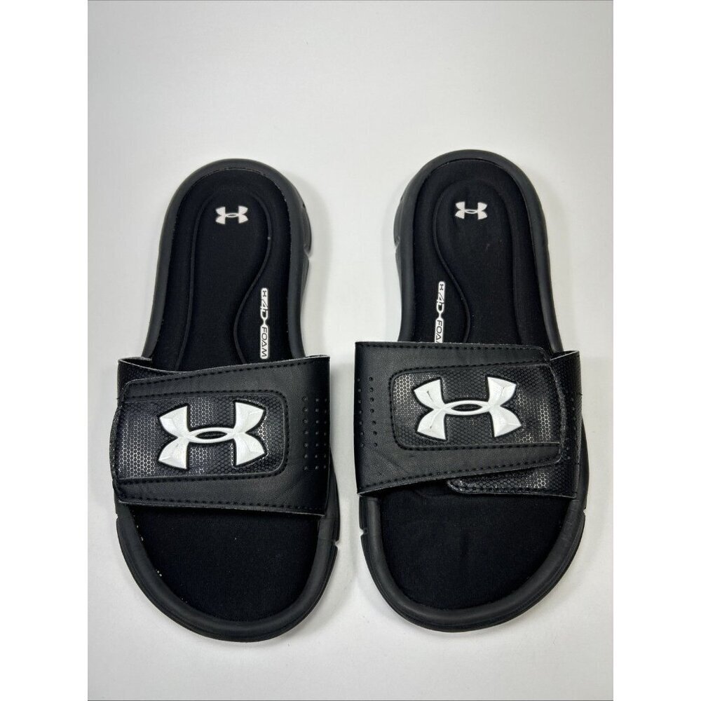 Under Armour 4D Foam Slide Sandals Black Youth Boys Size 4Y Adjustable Hook Loop